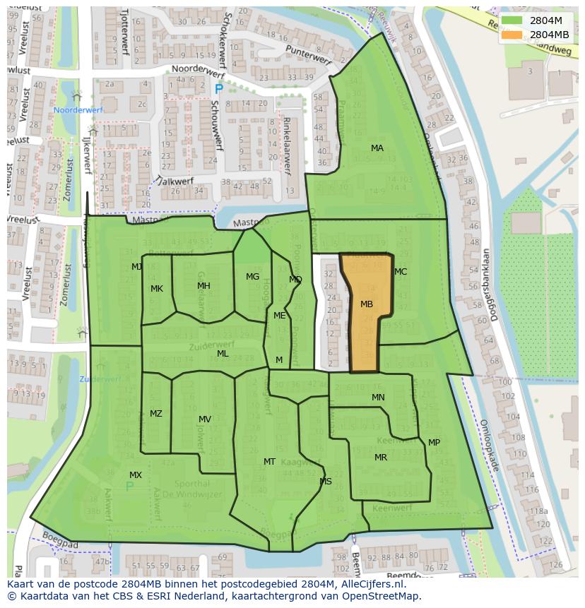 Afbeelding van het postcodegebied 2804 MB op de kaart.