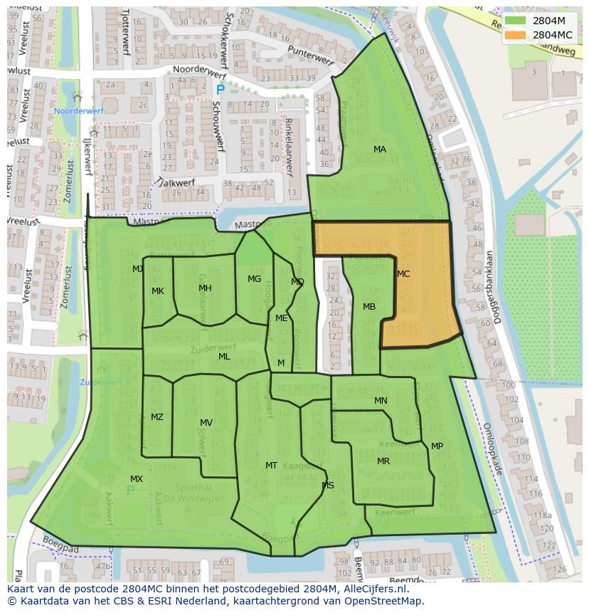 Afbeelding van het postcodegebied 2804 MC op de kaart.