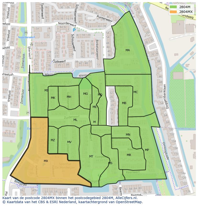 Afbeelding van het postcodegebied 2804 MX op de kaart.