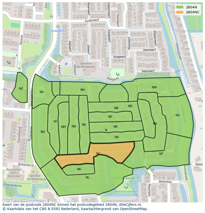 Afbeelding van het postcodegebied 2804 NC op de kaart.