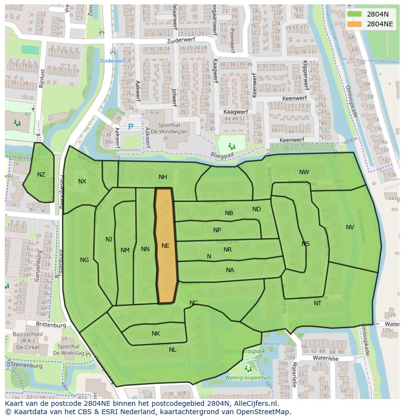 Afbeelding van het postcodegebied 2804 NE op de kaart.