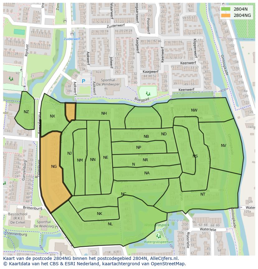 Afbeelding van het postcodegebied 2804 NG op de kaart.