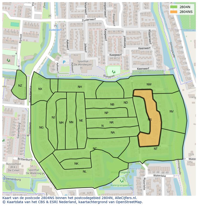 Afbeelding van het postcodegebied 2804 NS op de kaart.