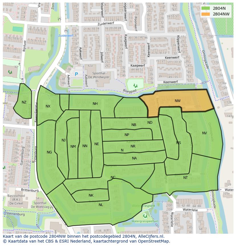 Afbeelding van het postcodegebied 2804 NW op de kaart.