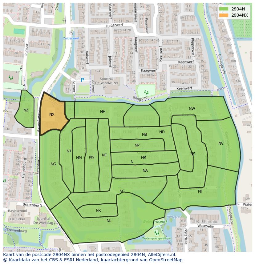 Afbeelding van het postcodegebied 2804 NX op de kaart.