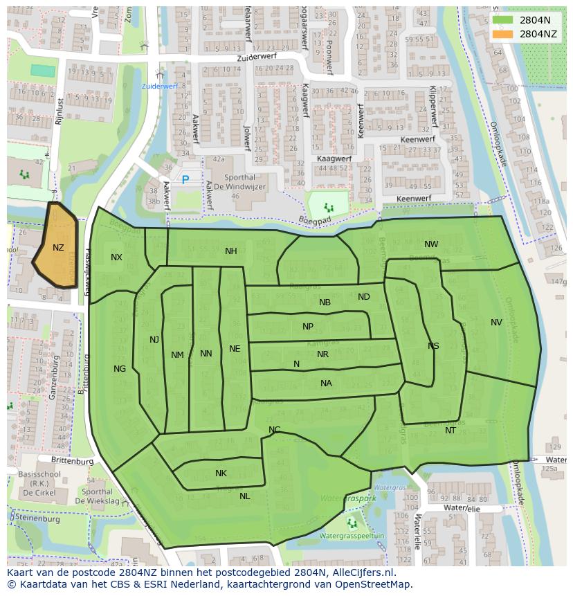 Afbeelding van het postcodegebied 2804 NZ op de kaart.