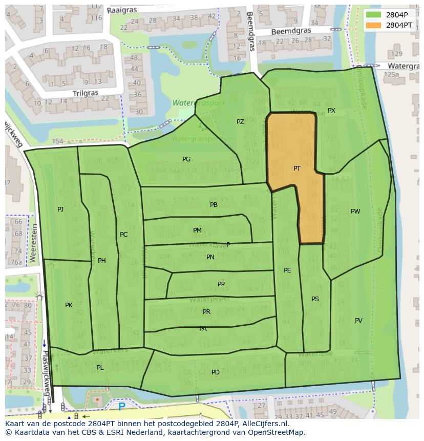 Afbeelding van het postcodegebied 2804 PT op de kaart.