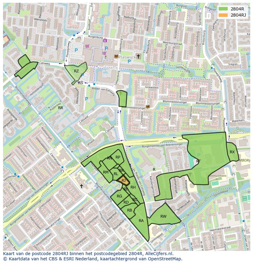 Afbeelding van het postcodegebied 2804 RJ op de kaart.
