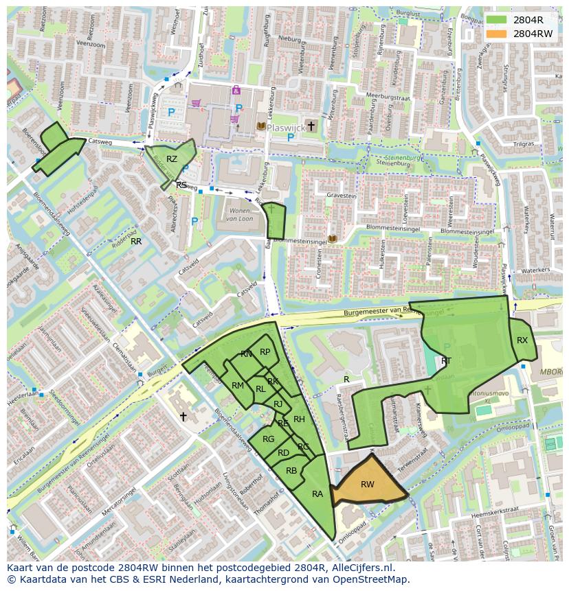 Afbeelding van het postcodegebied 2804 RW op de kaart.