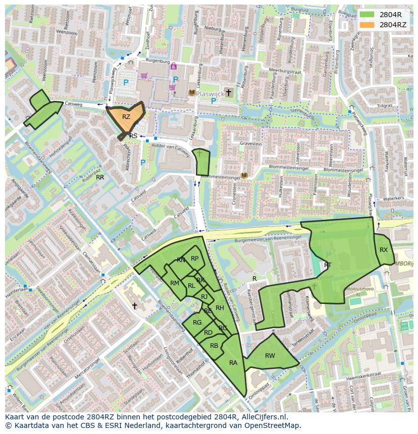 Afbeelding van het postcodegebied 2804 RZ op de kaart.