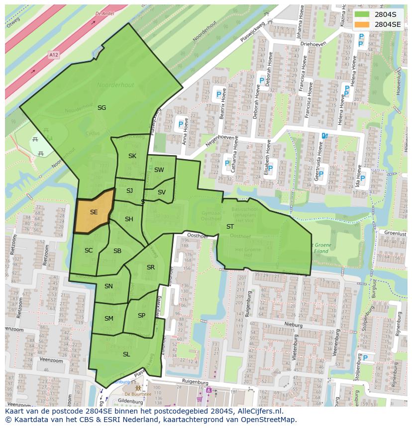 Afbeelding van het postcodegebied 2804 SE op de kaart.