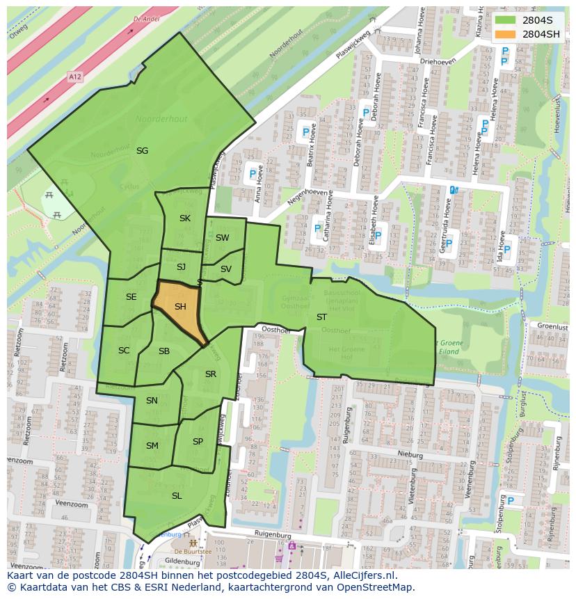 Afbeelding van het postcodegebied 2804 SH op de kaart.