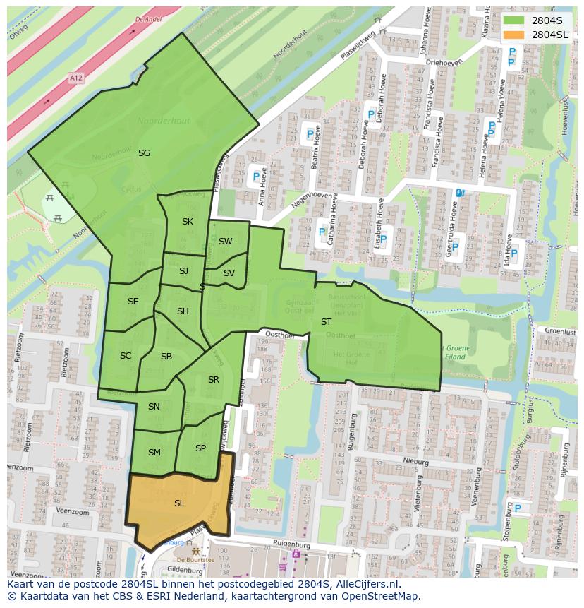 Afbeelding van het postcodegebied 2804 SL op de kaart.