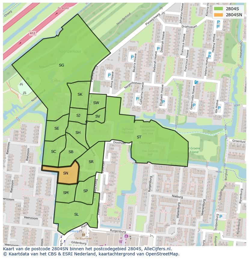 Afbeelding van het postcodegebied 2804 SN op de kaart.