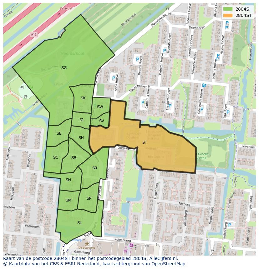 Afbeelding van het postcodegebied 2804 ST op de kaart.