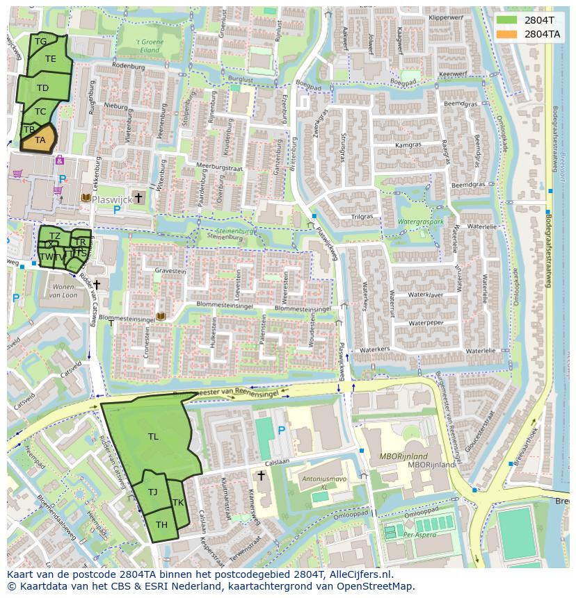 Afbeelding van het postcodegebied 2804 TA op de kaart.
