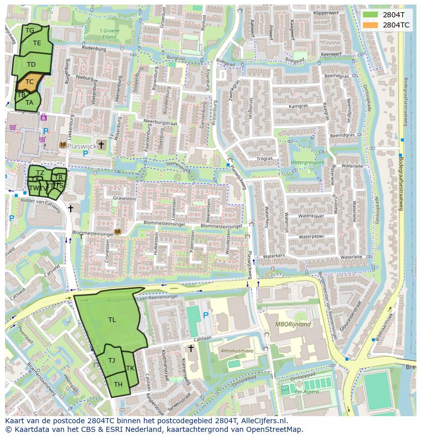 Afbeelding van het postcodegebied 2804 TC op de kaart.