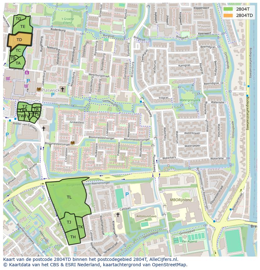 Afbeelding van het postcodegebied 2804 TD op de kaart.