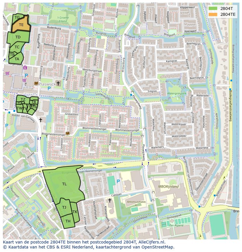 Afbeelding van het postcodegebied 2804 TE op de kaart.