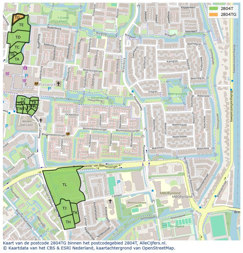 Afbeelding van het postcodegebied 2804 TG op de kaart.