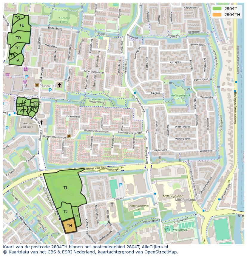 Afbeelding van het postcodegebied 2804 TH op de kaart.