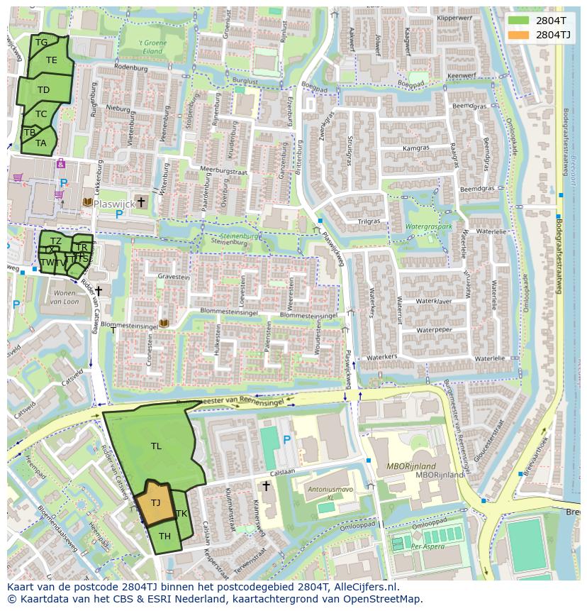 Afbeelding van het postcodegebied 2804 TJ op de kaart.