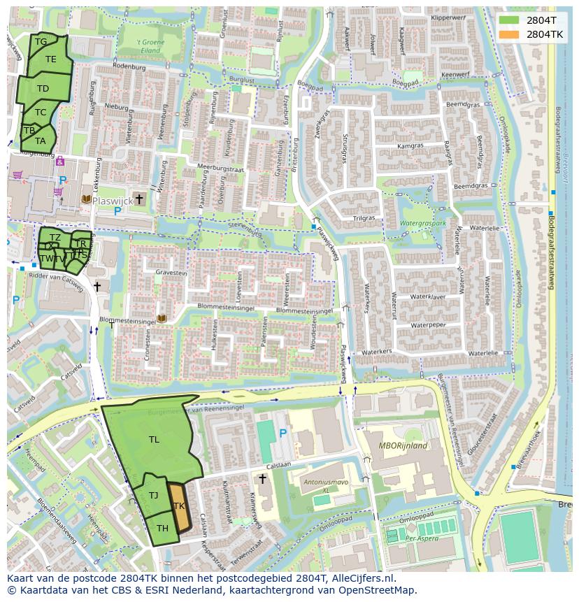 Afbeelding van het postcodegebied 2804 TK op de kaart.