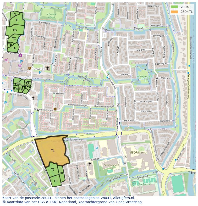 Afbeelding van het postcodegebied 2804 TL op de kaart.