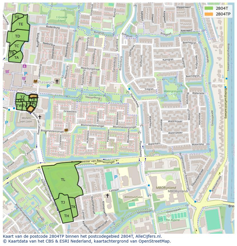 Afbeelding van het postcodegebied 2804 TP op de kaart.