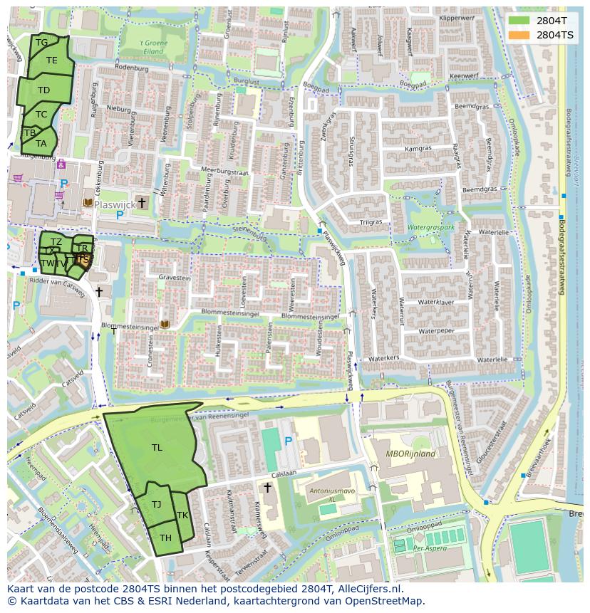 Afbeelding van het postcodegebied 2804 TS op de kaart.