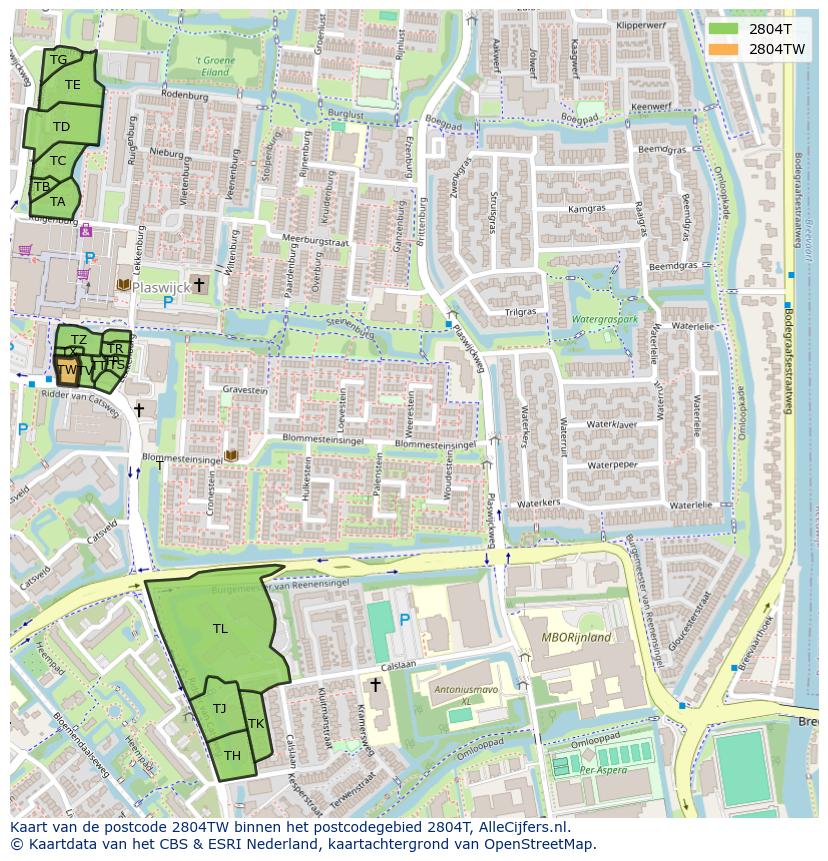 Afbeelding van het postcodegebied 2804 TW op de kaart.