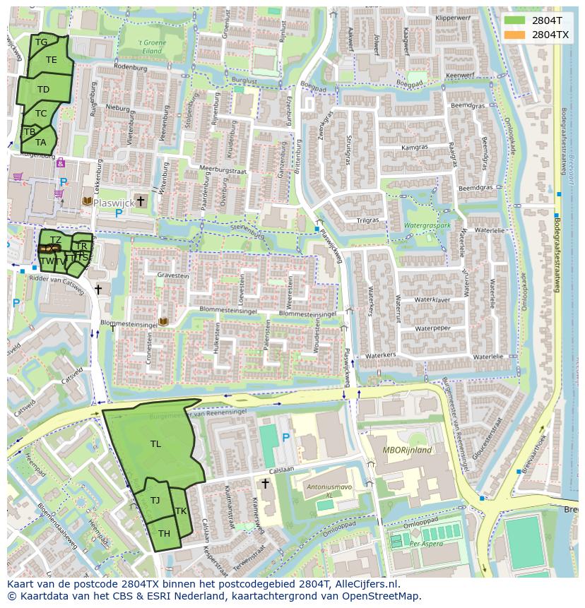 Afbeelding van het postcodegebied 2804 TX op de kaart.
