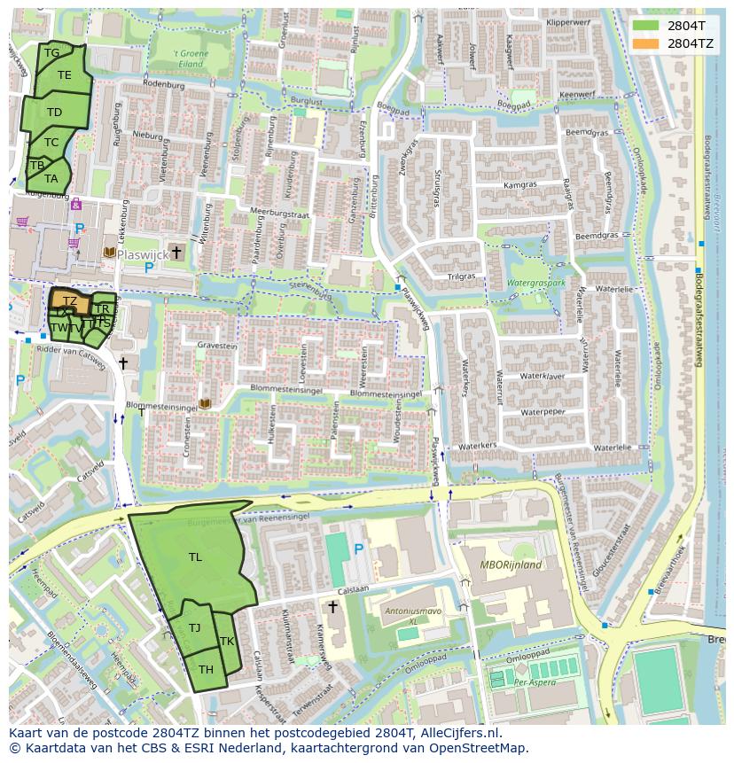 Afbeelding van het postcodegebied 2804 TZ op de kaart.
