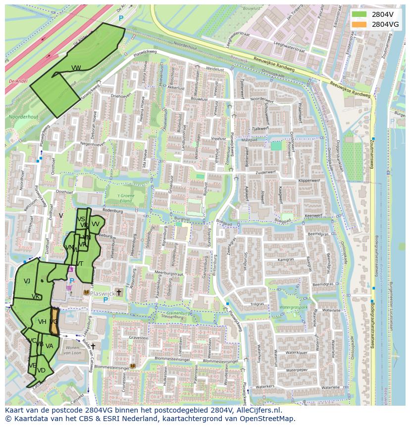 Afbeelding van het postcodegebied 2804 VG op de kaart.