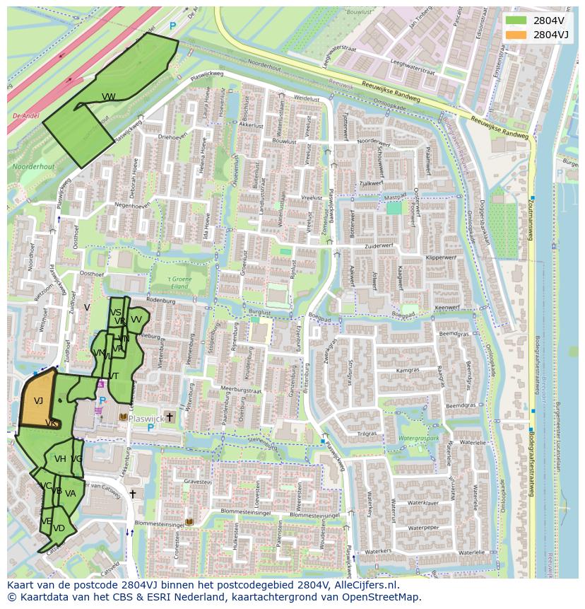 Afbeelding van het postcodegebied 2804 VJ op de kaart.
