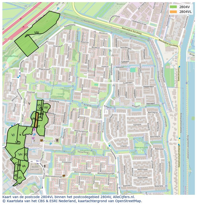 Afbeelding van het postcodegebied 2804 VL op de kaart.