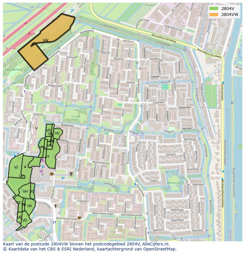 Afbeelding van het postcodegebied 2804 VW op de kaart.