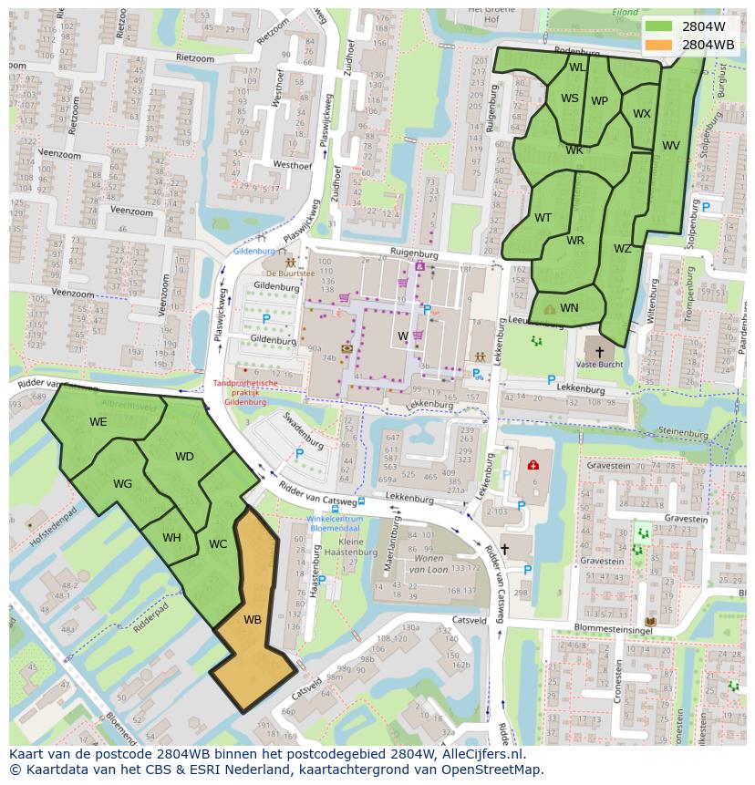 Afbeelding van het postcodegebied 2804 WB op de kaart.