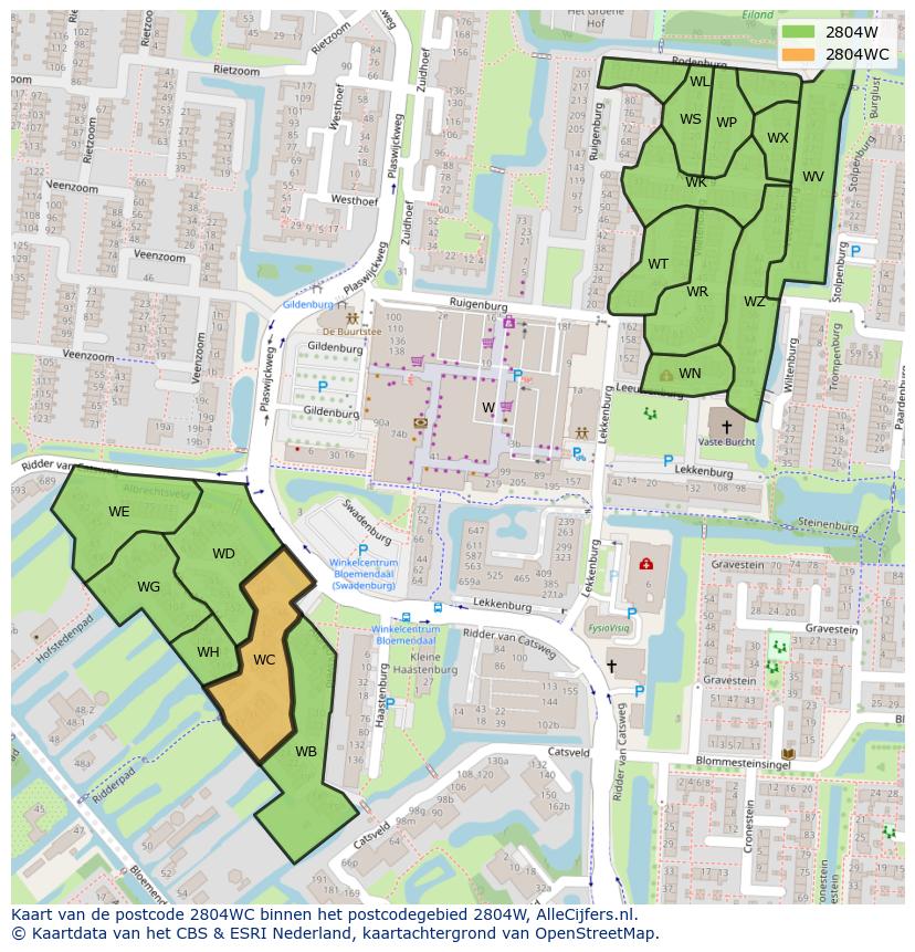 Afbeelding van het postcodegebied 2804 WC op de kaart.
