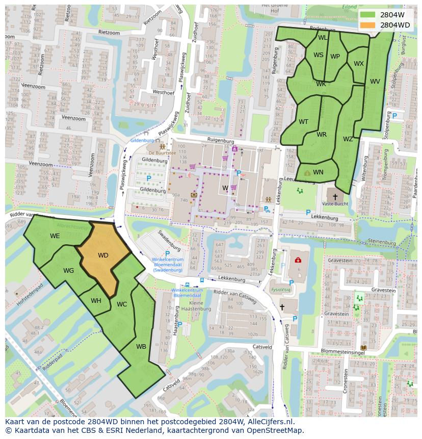 Afbeelding van het postcodegebied 2804 WD op de kaart.