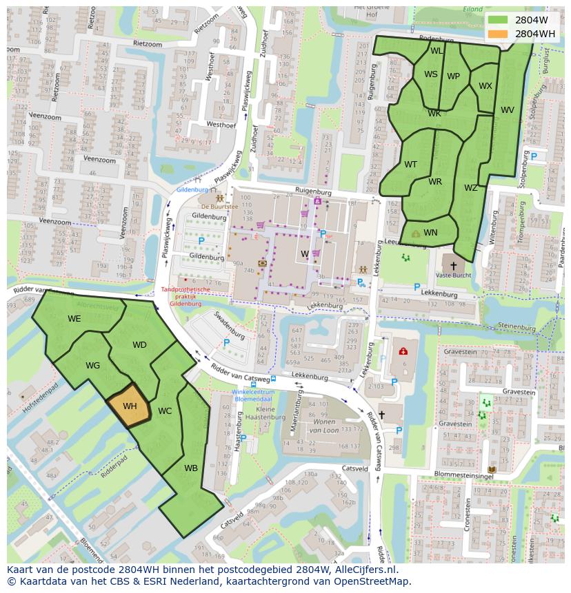 Afbeelding van het postcodegebied 2804 WH op de kaart.