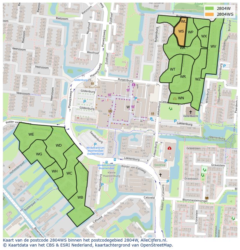 Afbeelding van het postcodegebied 2804 WS op de kaart.