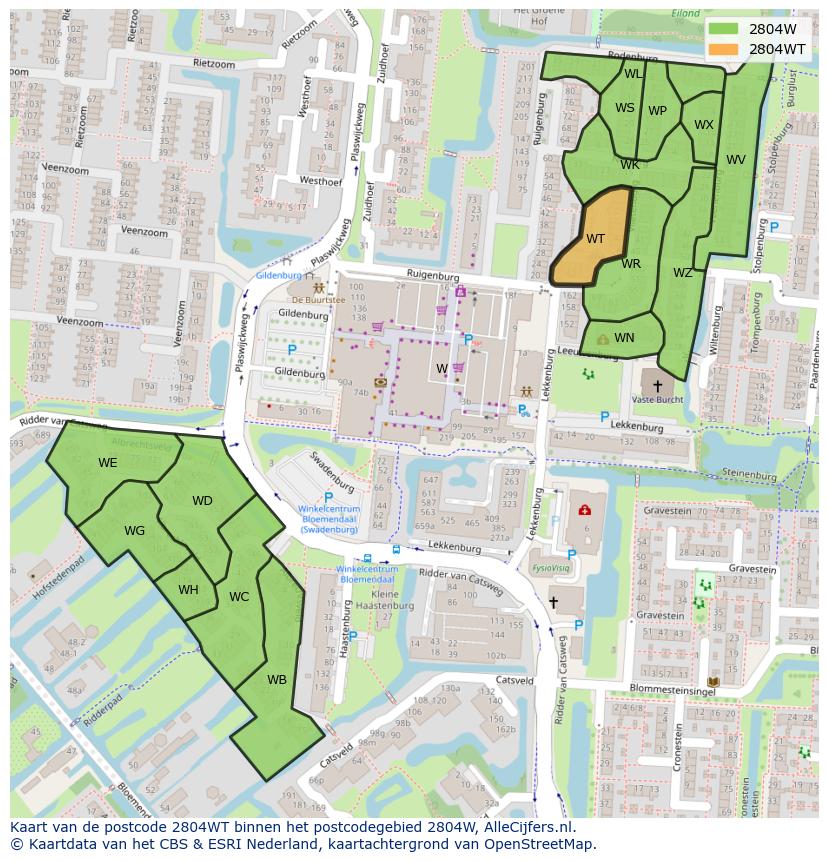 Afbeelding van het postcodegebied 2804 WT op de kaart.