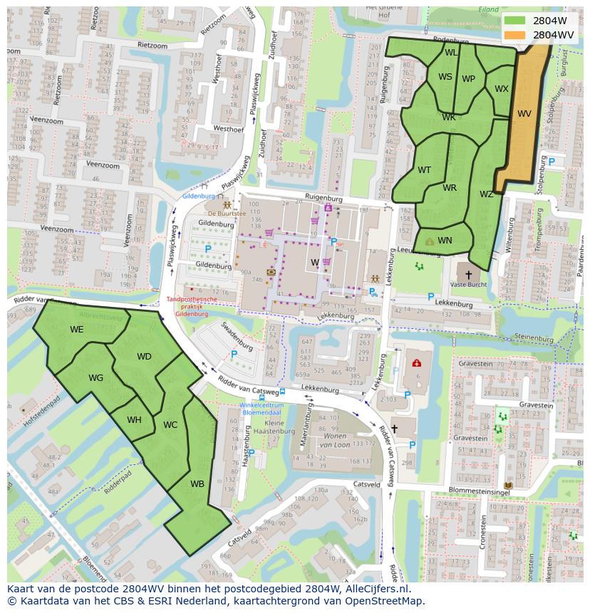 Afbeelding van het postcodegebied 2804 WV op de kaart.