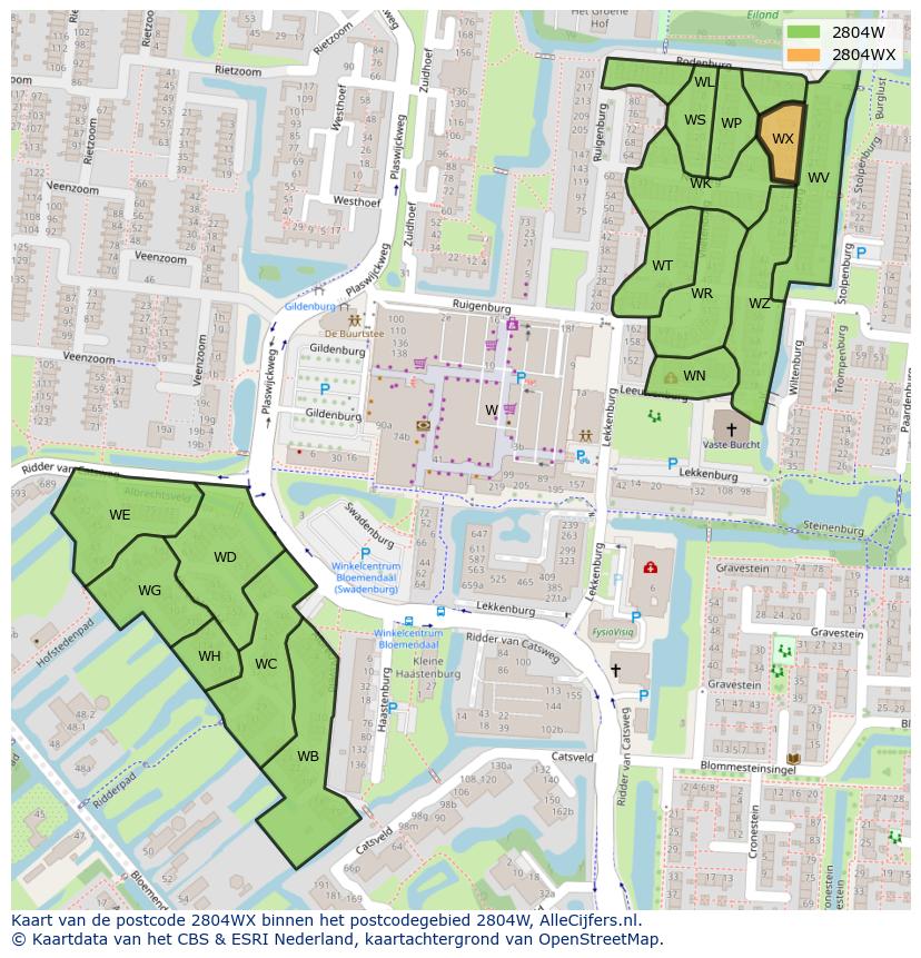 Afbeelding van het postcodegebied 2804 WX op de kaart.