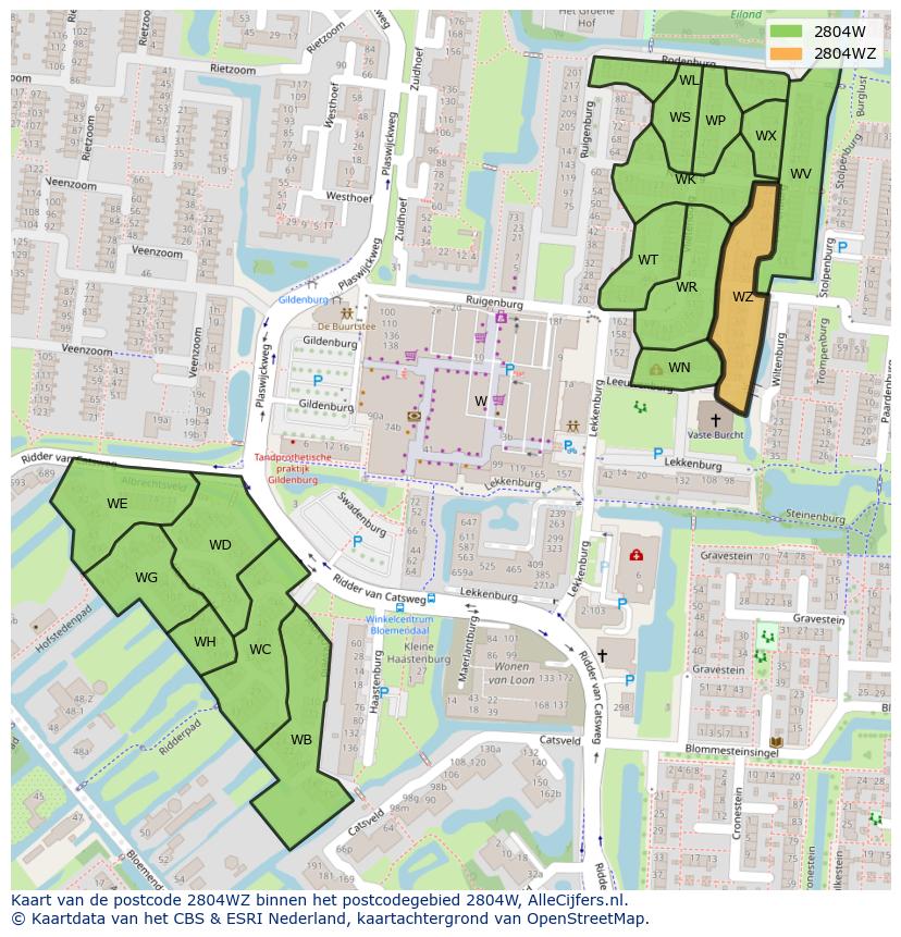 Afbeelding van het postcodegebied 2804 WZ op de kaart.