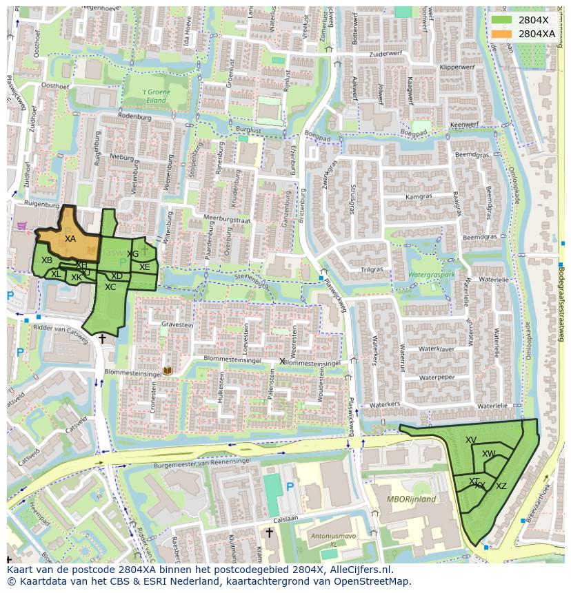 Afbeelding van het postcodegebied 2804 XA op de kaart.