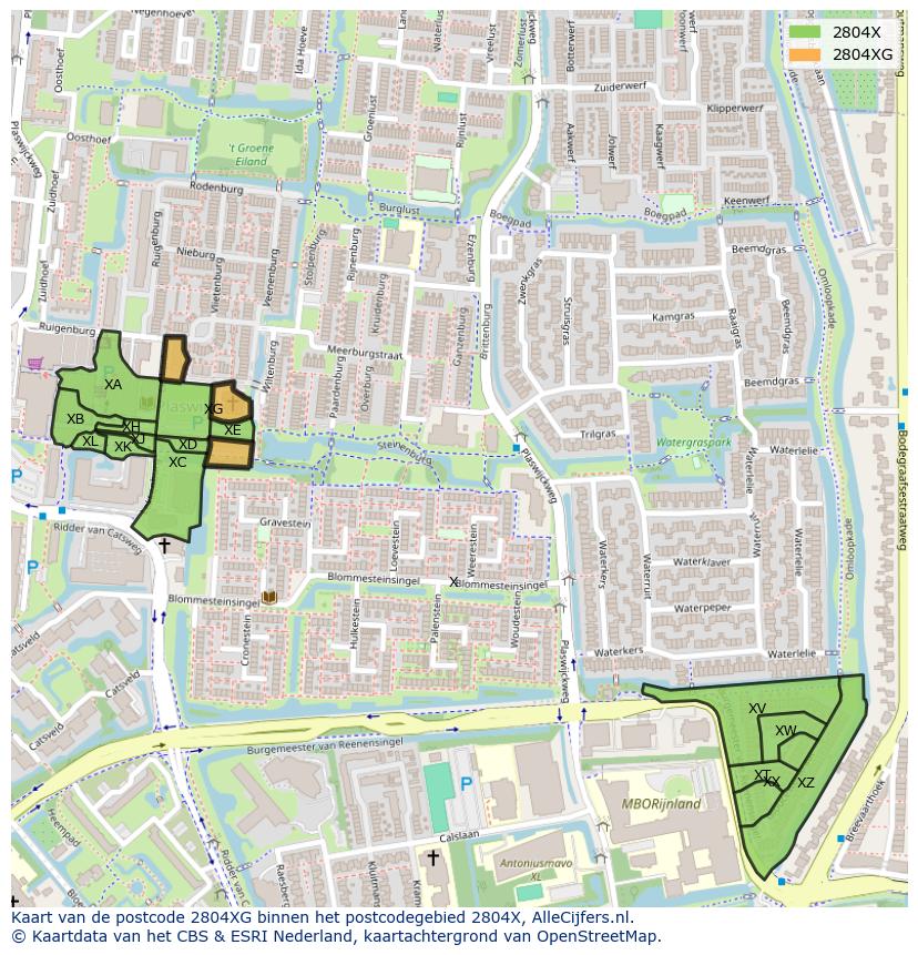 Afbeelding van het postcodegebied 2804 XG op de kaart.