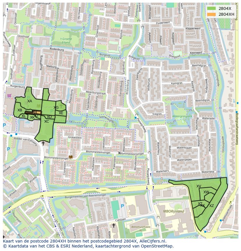 Afbeelding van het postcodegebied 2804 XH op de kaart.