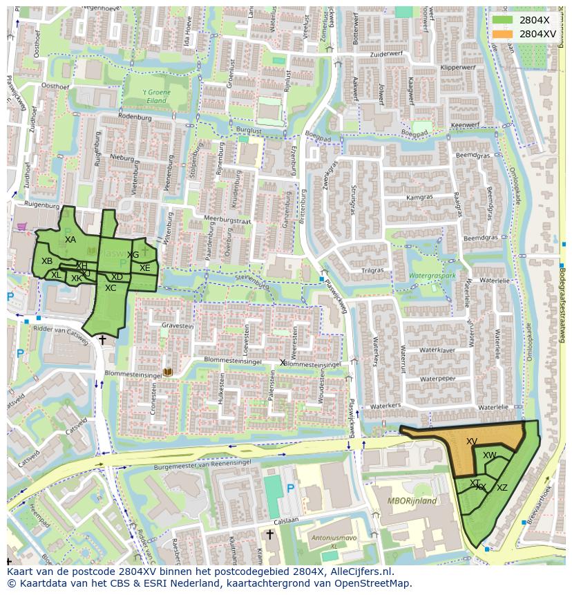 Afbeelding van het postcodegebied 2804 XV op de kaart.